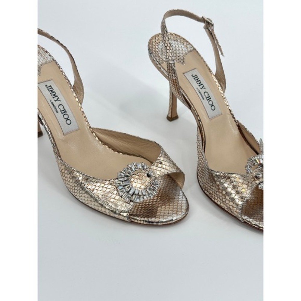 Jimmy Choo Metallic Watersnake Skin Crystal Buckle Slingback Heels Gold 39.5 - Picture 6 of 10